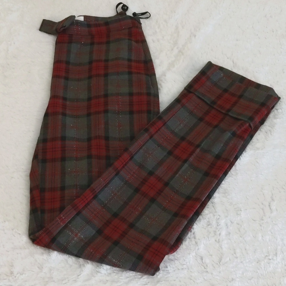 Tenax|NWT Red&Grey Plaid Cuffed Pants with Silvery Shimmer Stripe Side Zippered